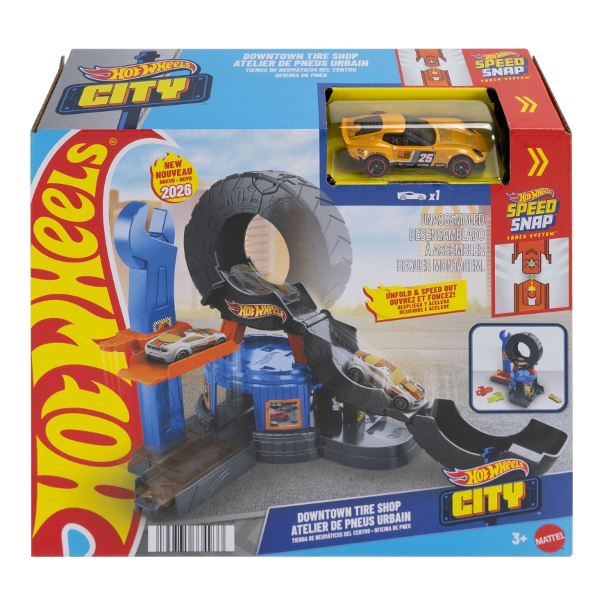 Hot Wheels City Downtown Tire Shop -lelupakkaus, jossa mittakaavan 1:64 leluauto, Speed Snap -yhteen – 5