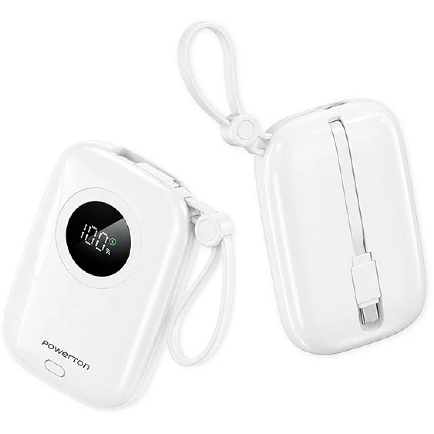"Powerton ENERGY Valkoinen EDITION" ulkoinen akku 10000mAh, 2x USB-C, 22,5W, sisäänrakennetut kaapelit, valkoinen – 2