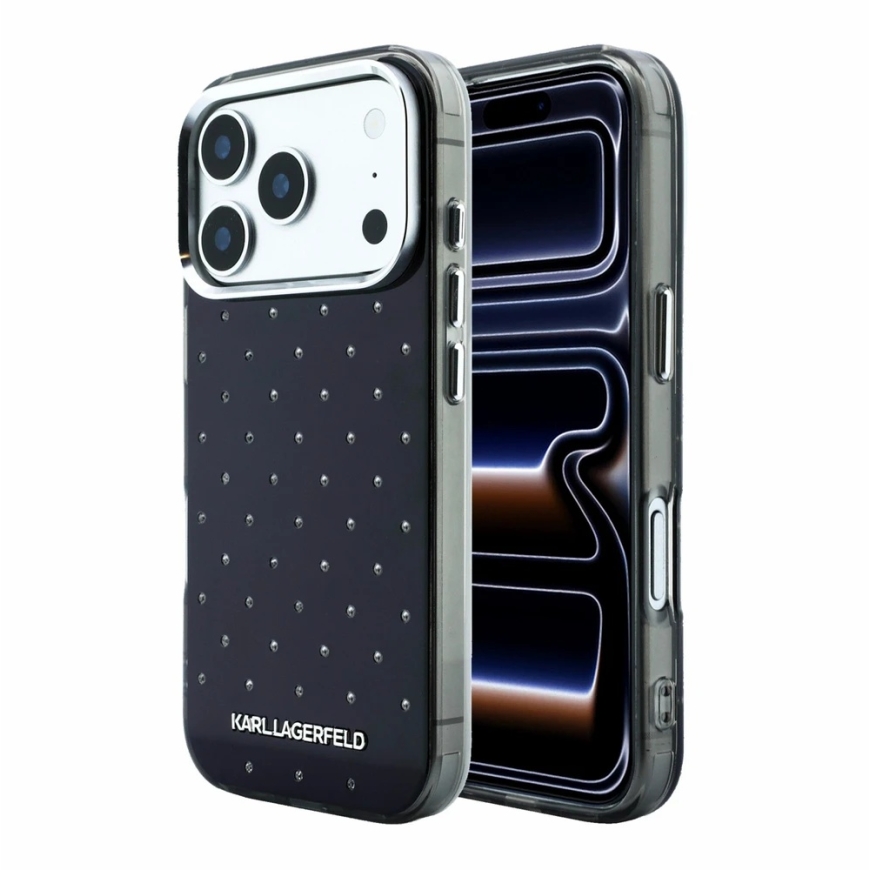 Karl Lagerfeld IML Rhinestones Allover un elektroplāksnītes logotipa maciņš iPhone 18 Pro / 17 Pro melns