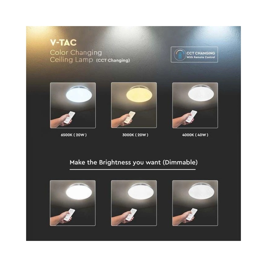 Sieninis šviestuvas V-tac 40W paviršinis šviestuvas, 3in1, dimeriuojamas pulteliu, baltas, su žvaigždėtu banguotu dangteliu – 5