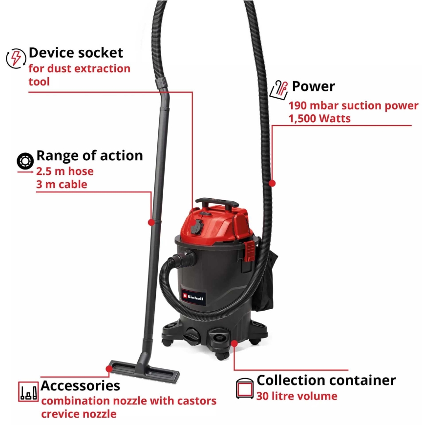 Putekļu sūcējs Einhell EINHELL TC-VC 1930 A, mitrināšanas/sausu, sarkans/melns – 2