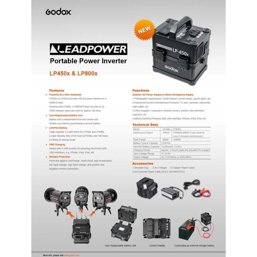 Kantava virtamuunnin - Godox LP800X 800 W 220 V 12 000 mAh LiFePO4-akku USB – 3