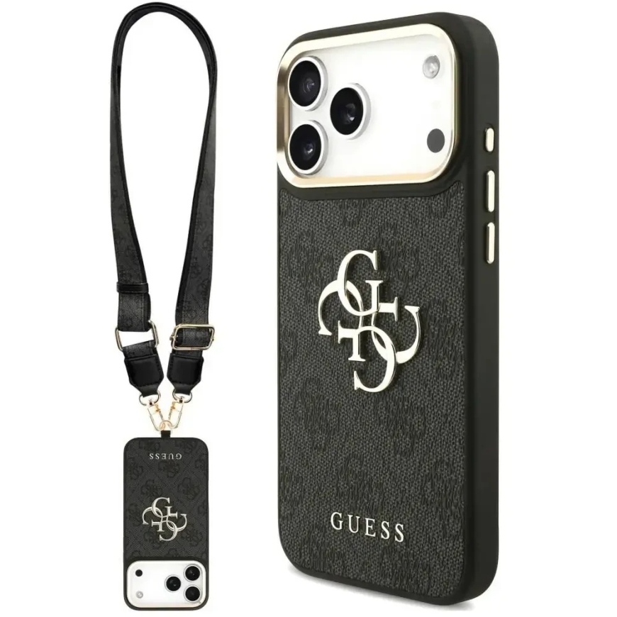 Dėklas Guess 4G Big 4G Classic Logo Big Strap Metal Mygtukai, skirtas iPhone 18 Pro Max / 17 Pro Max, juodas