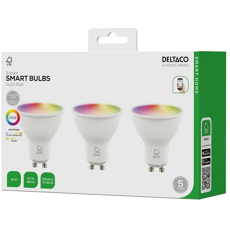 DELTACO SMART HOME LED lambid, GU10, RGB, WiFi, 4.7W, 3 tk pakendis / SH-LGU10RGB02-3P / 1902594