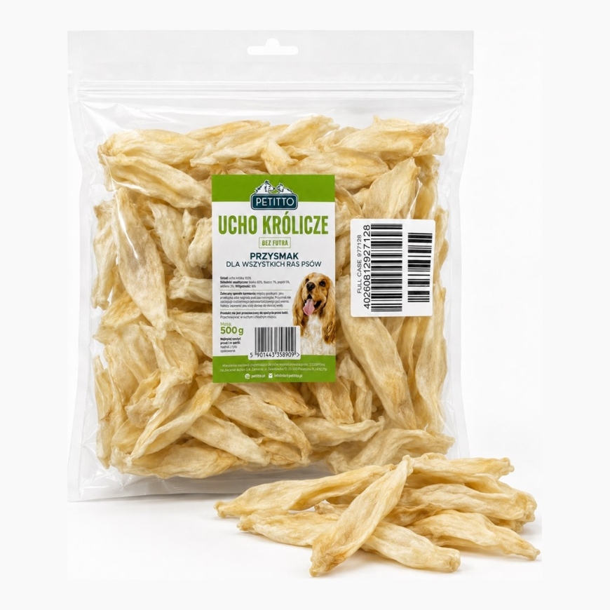 PETITTO Triušio ausis be pūkų Mono - šunų skanėstas - 500g – 4
