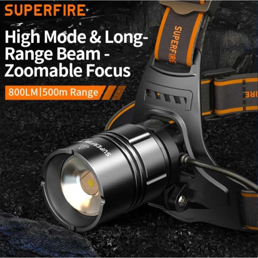 Superfire Pealamp, USB-C Laetav, 15W, 800lm, 2x 18650 – 5