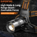 Superfire Galvas lampa, uzlādējama ar USB-C, 15W, 800lm, 2x 18650