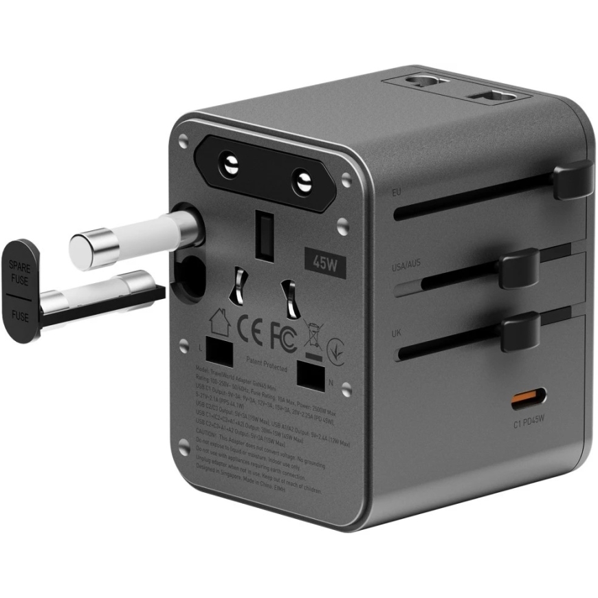 Energea TravelWorld Mini GaN 45W PD -seinälaite, 3x USB-C / 2x USB-A, gunmetal-väri – 5
