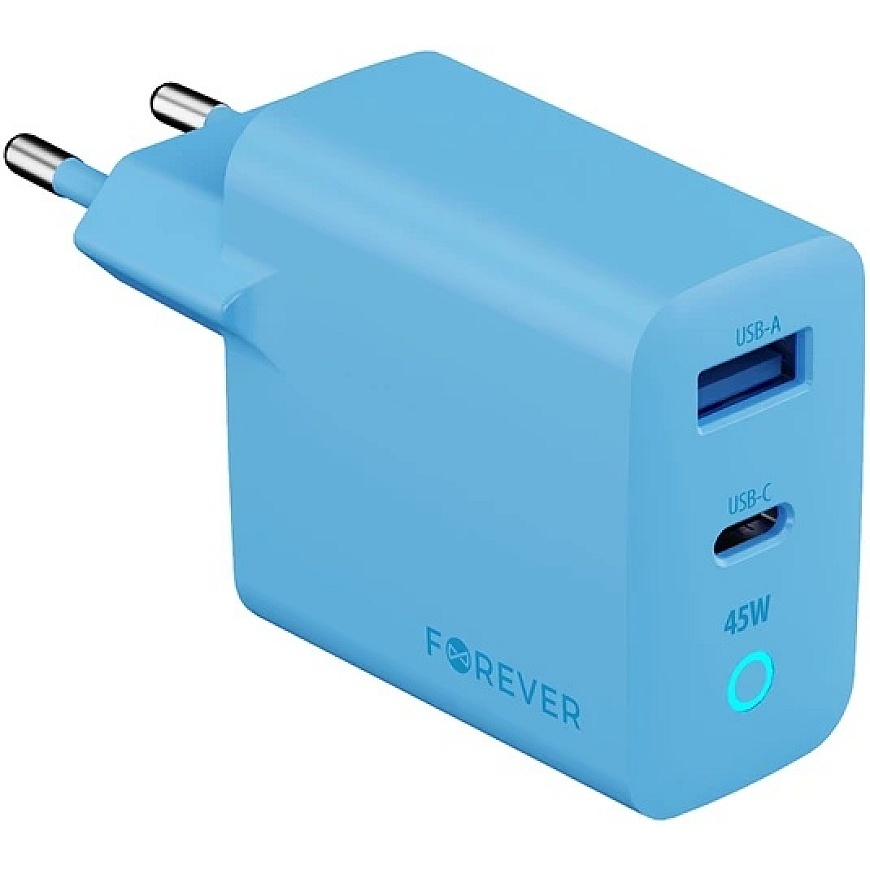 Forever Vibe-TC45AC GaN PD QC lādētājs 1x USB-C 1x USB 45W debeszils