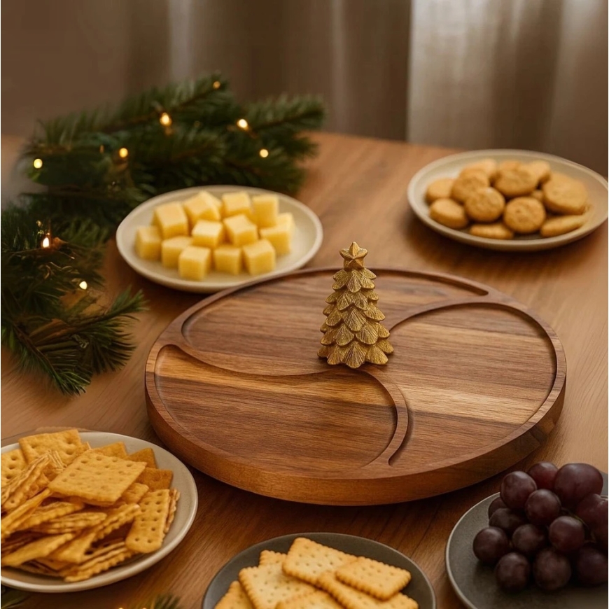 Lumarko Apvali užkandžių serviravimo lenta NEVESSA, dekoratyvinė eglutė, akacijos mediena, Ø 28 cm – 3
