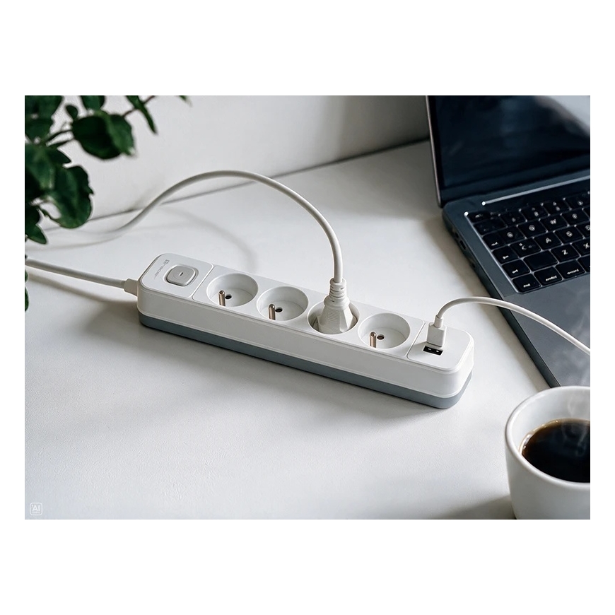 Ilgintuvas TRACER Grid 4S Mobile Ready 1,5 m (4 lizdai, jungiklis, 1x USB A + 1x Type C, maks. 20 W, baltas ir pilkas) – 3