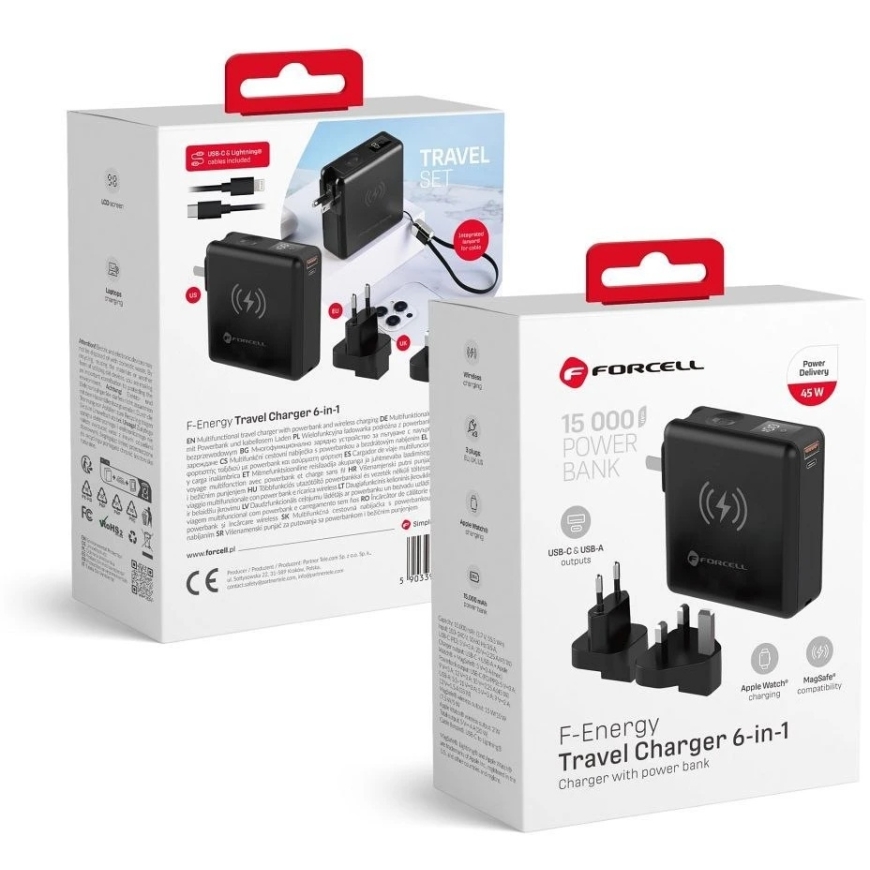 Forcell F-Energy 6in1 Multifunkcionālais Lādētājs USB A + USB C PD 45W + 15000 mAh Ārējā Baterija + 15W Bezvadu Lādēšana Melns – 5