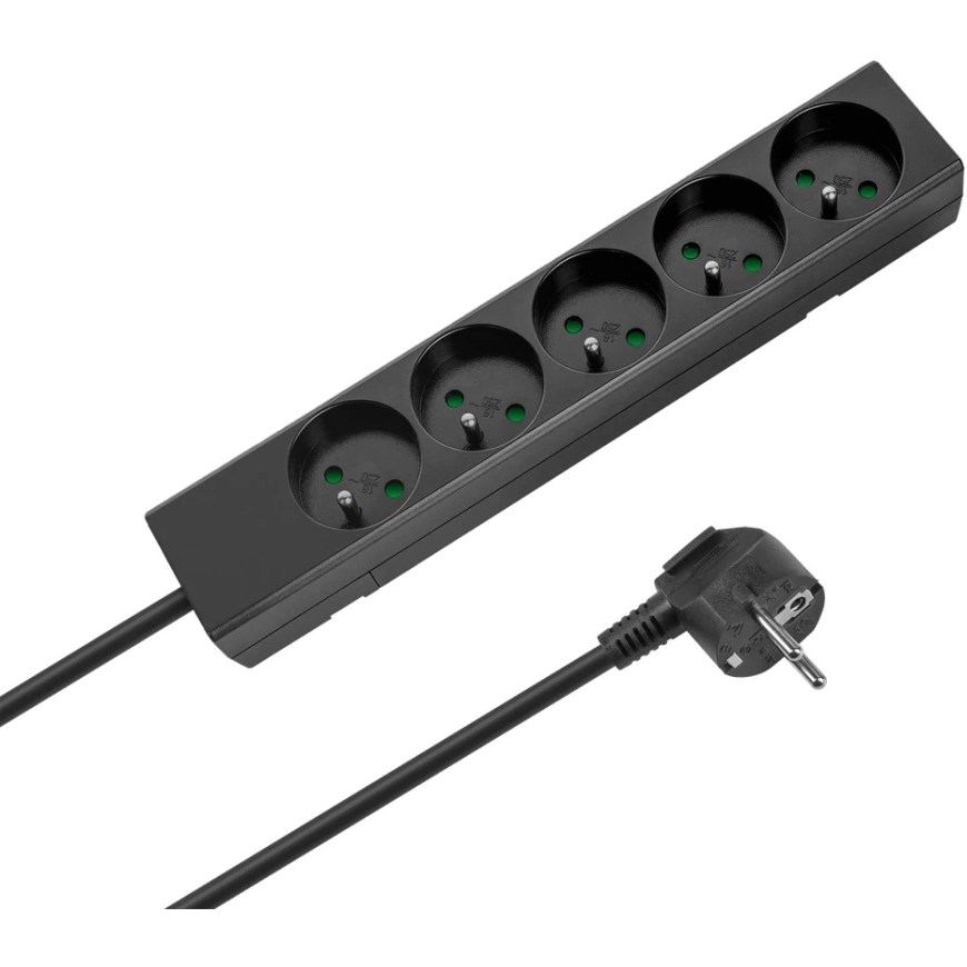 Rebel Black Extension Cord 5 Outlets 2m French Type Without Switch (3x1.5 mm)