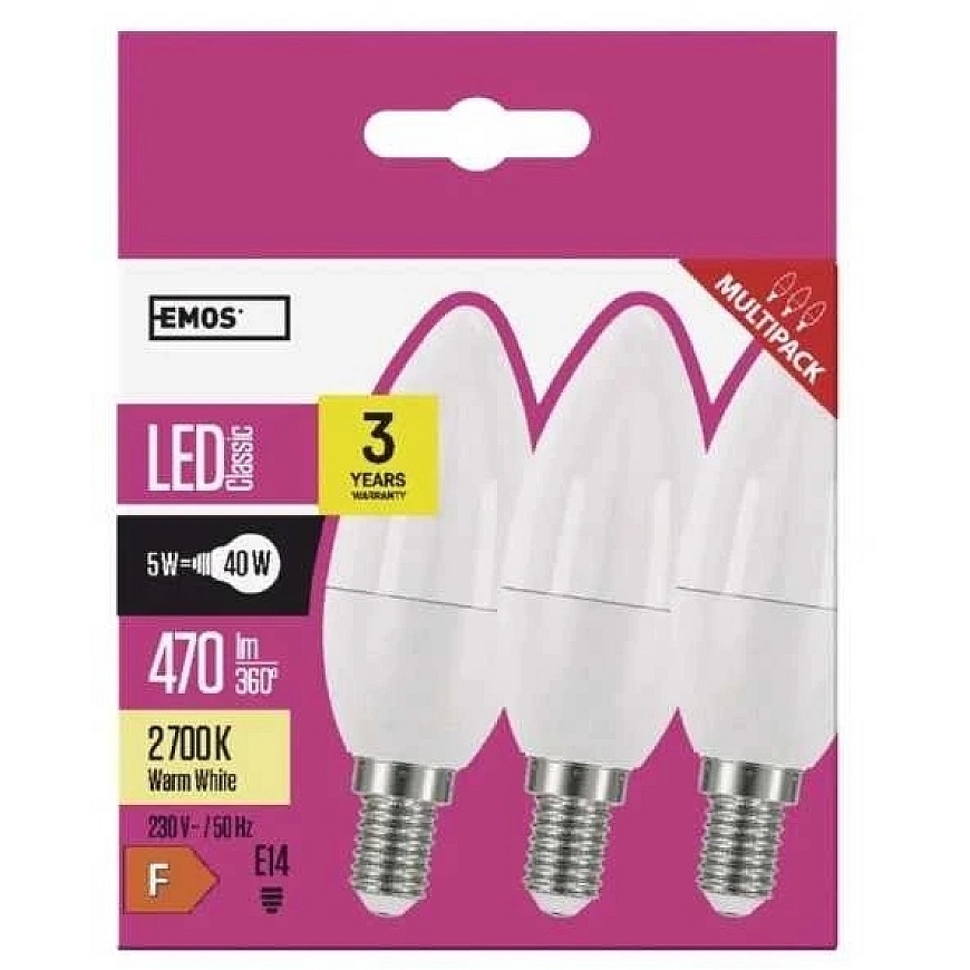 Klassikaline LED pirn EMOS Lighting E14, 220-240V, 4.2W, 470lm, 2700k, soe valge, 30000h, klassikaline küünal 102x35x35mm-3 tk p – 2