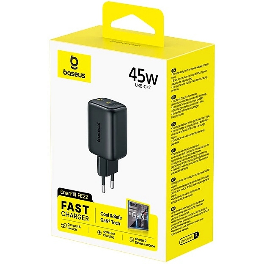 Baseus EnerFill FE22 45W 2xUSB-C QC PD Sienas lādētājs ar USB-C kabeli 1m, melns – 4