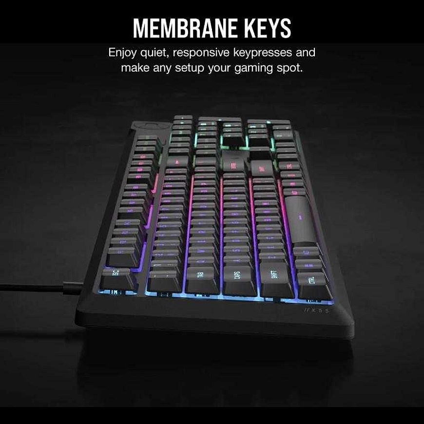 Spēļu tastatūra CORSAIR K55 CORE RGB USB 2.0 vai A tips, vadu, ar gumijas kupola taustiņu slēdžiem, 1000 Hz ziņošanas biežums, p – 5
