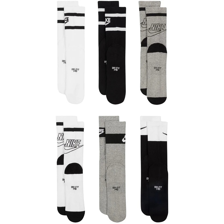 Nike Everyday Cush Crew jaunimo 6PR kojinės baltos, pilkos, juodos CK7302 901 (38-42) – 2