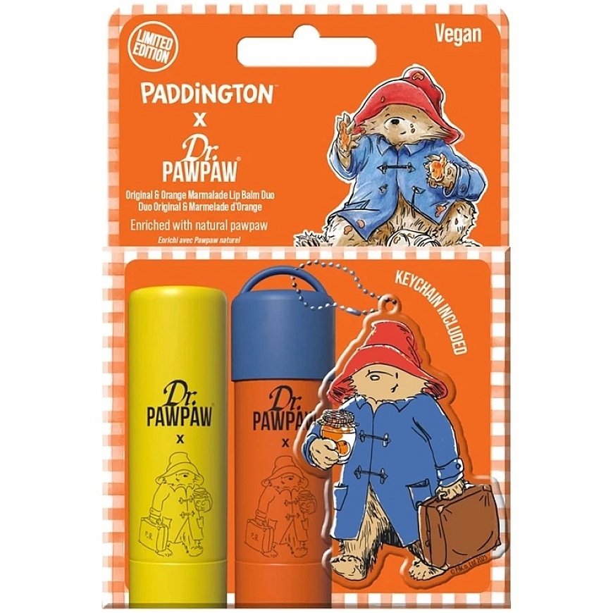 Set Dr. PawPaw: Paddington Bear Original Balm Vegan Lūpų balzamas, 4 g + Paddington Oranžinis Marmalade Hydrating Lūpų balzamas,