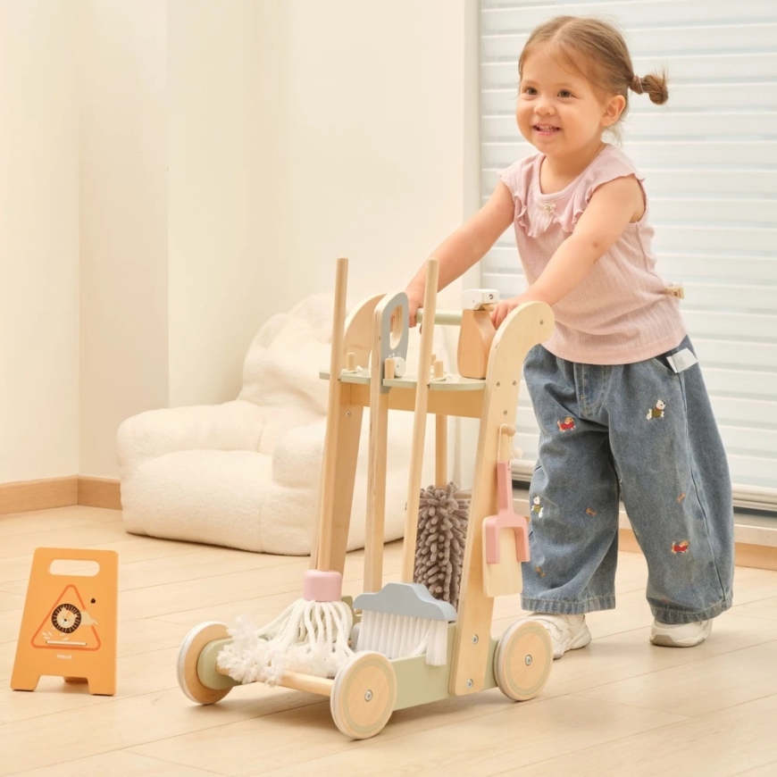 Viga Toys VIGA Medinis valymo vežimėlis su priedais, 11 vnt. – 2