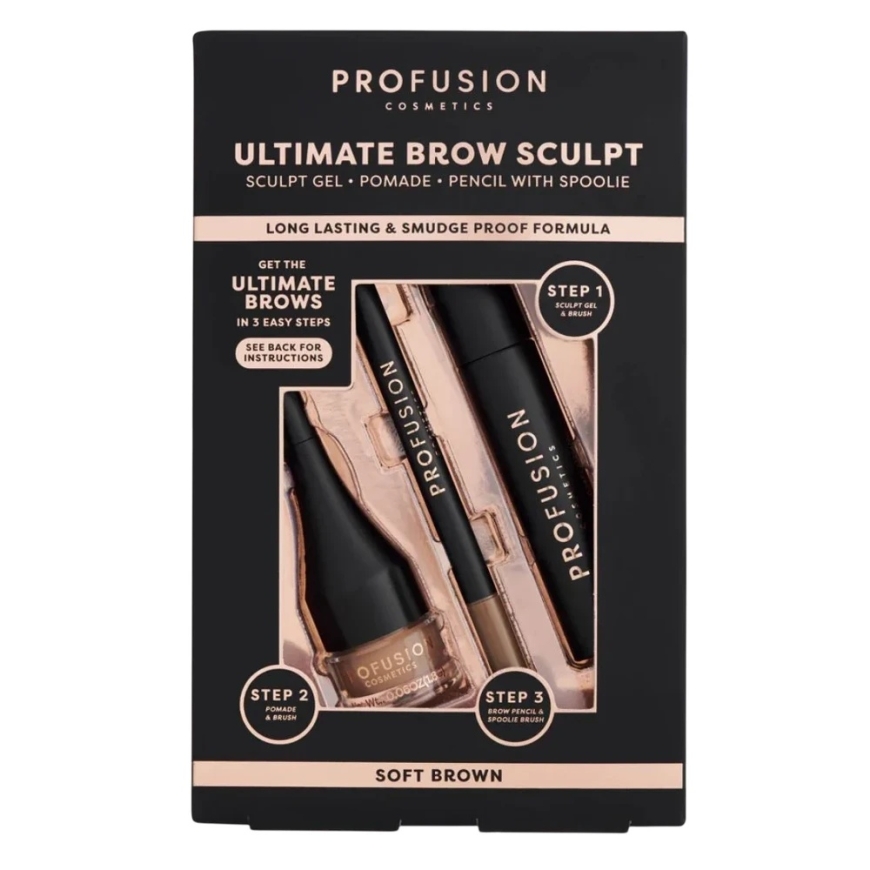 Profusion Cosmetics rinkinys: Ultimate Brow Sculpt antakių gelis Soft Brown 1,8 g + Ultimate Brow Sculpt Defining Eyebrow kremin