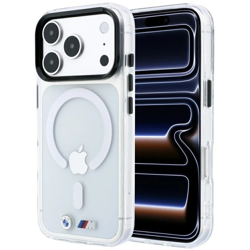 BMW M IML blizgaus metalo logotipas ir apdaila MagSafe dėklas, skirtas iPhone 17 Pro / 18 Pro - permatomas