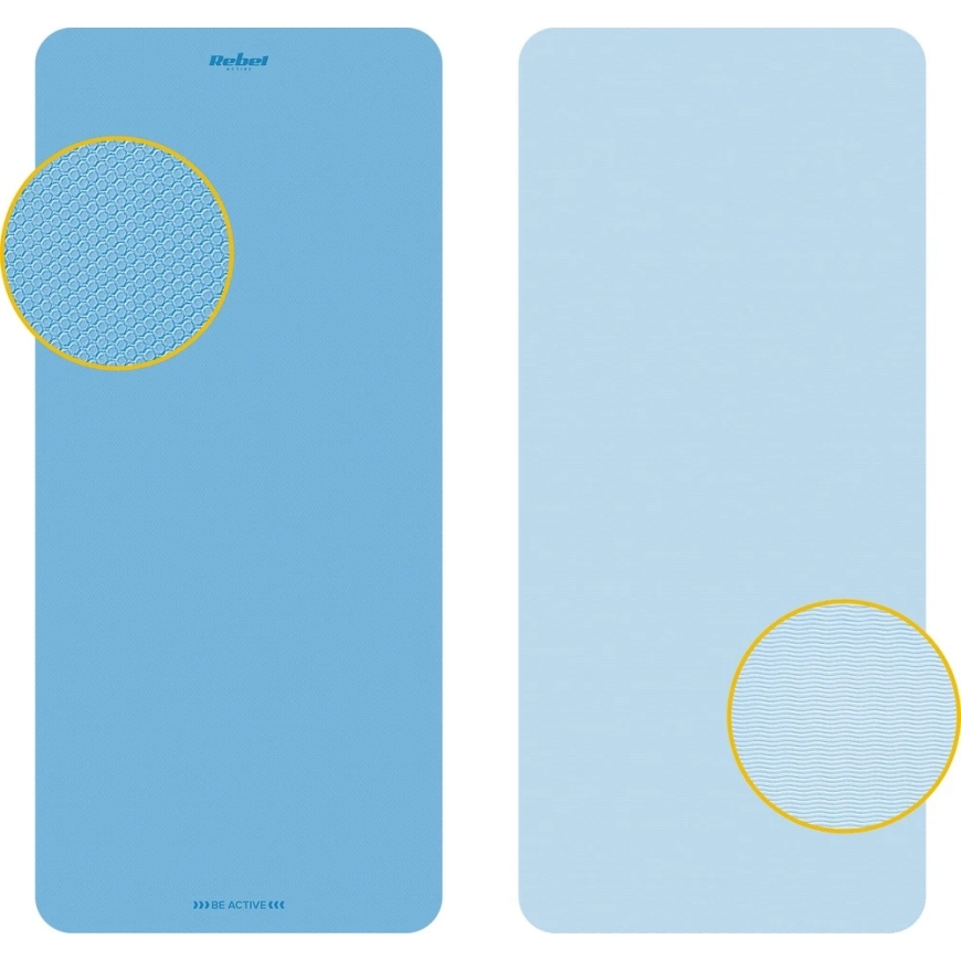 Jooga, pilates, fitnessi võimlemismatt, 200x90cm, 1cm paksune, TPE materjal, sinine, REBEL ACTIVE – 3