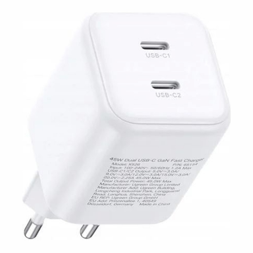 45W Двойное USB-C GaN Быстрое Зарядное Устройство EU (65154) Белое