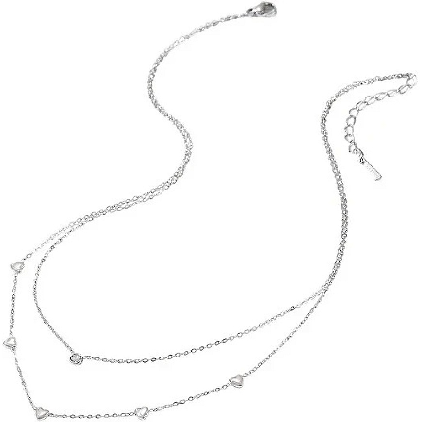 Trolli Double Steel Necklace with Zircon and Hearts, Silver Color