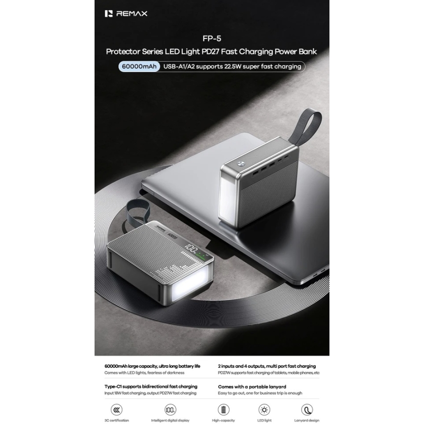 Išorinė baterija Power Bank Remax FP-5 27W 60000mAh pilka – 3