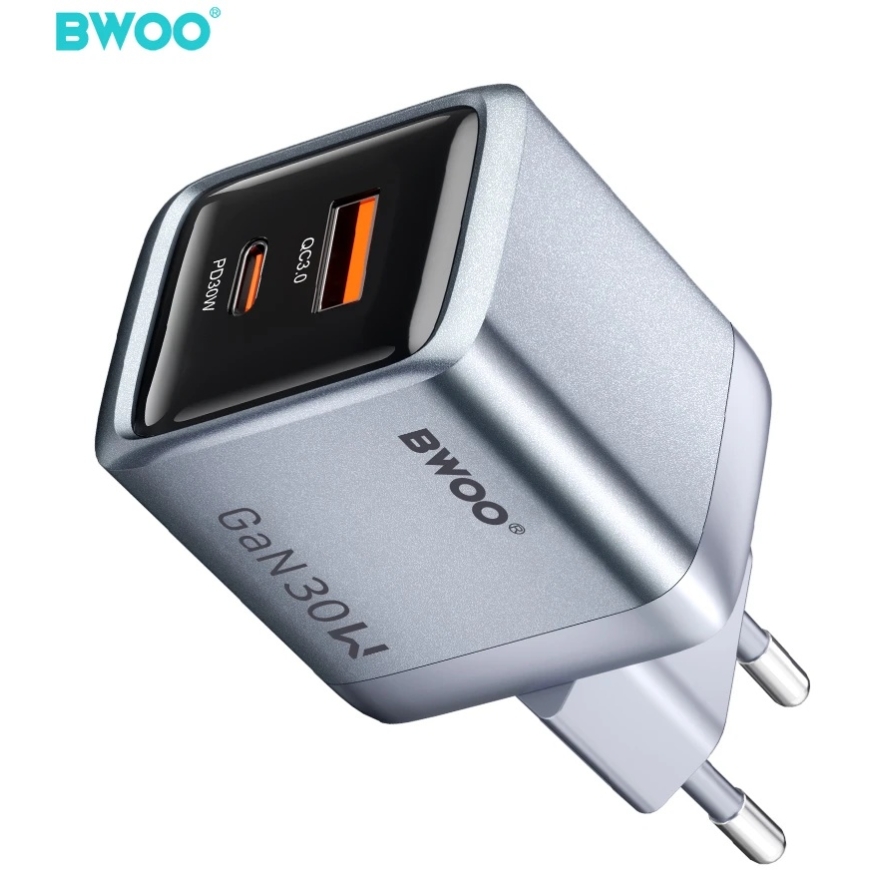 Canyon BWOO BO-CDA237 sienas lādētājs 1xUSB-A + 1xUSB-C 3A PD 30W + QC 18W pelēks ar PPS – 3
