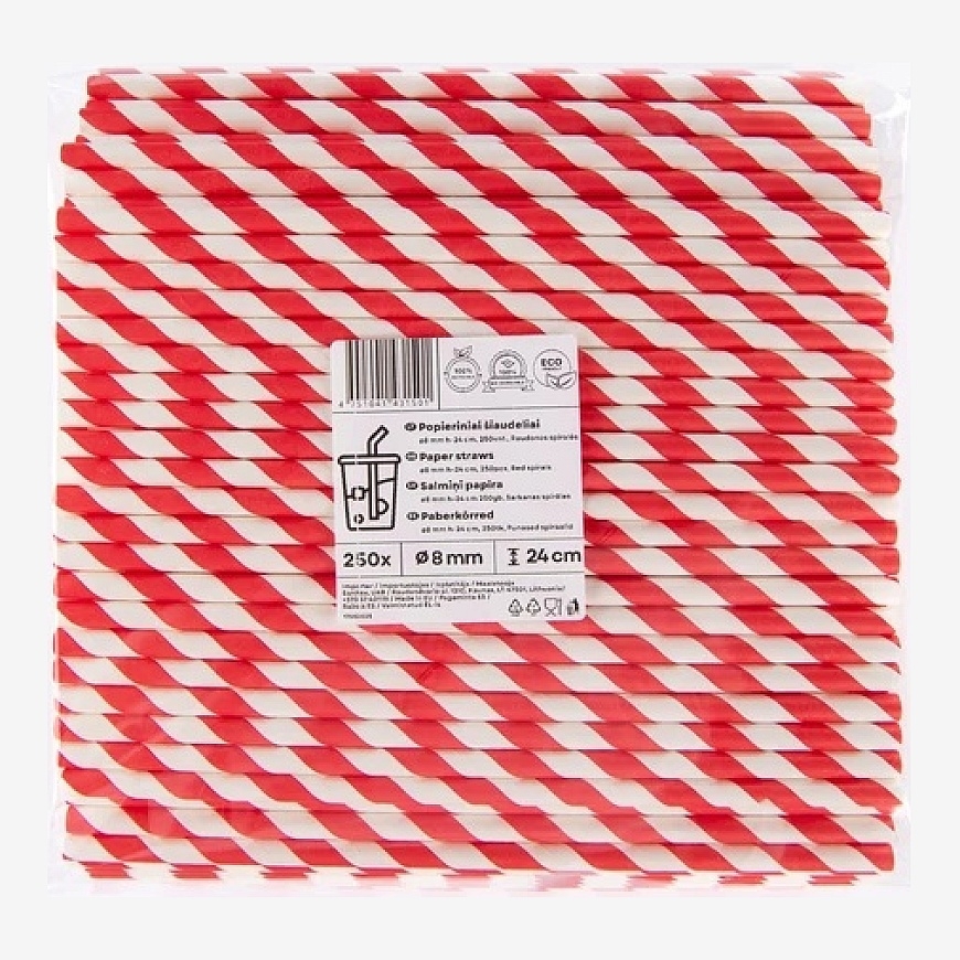 Live Paper Popieriniai šiaudeliai ZigZag, raudoni/dryžuoti, D 8 mm, L 24 cm, 250 vnt – 2