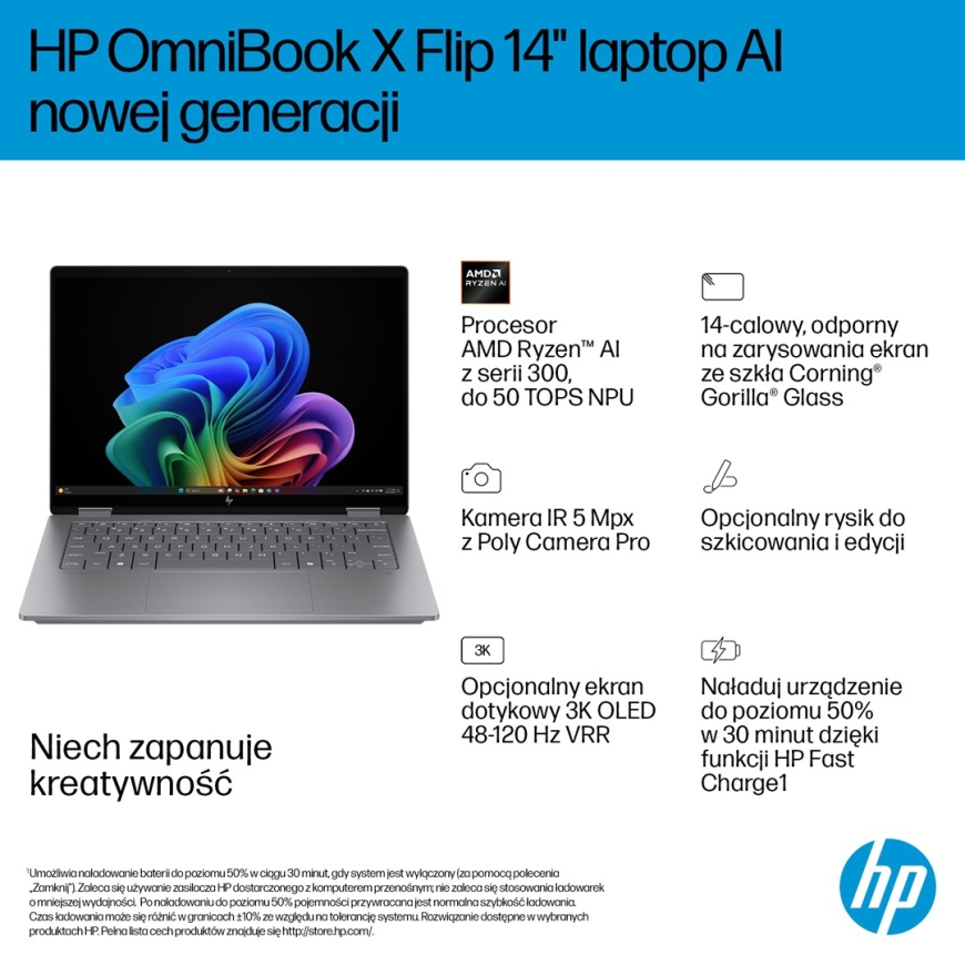 HP OmniBook X Flip Next Gen AI 14-fk0020nw Copilot+ ПК 2-в-1 14", AMD Ryzen AI 5 340, 2K сенсорный экран, 16 ГБ LPDDR5x-SDRAM, 5 – 5