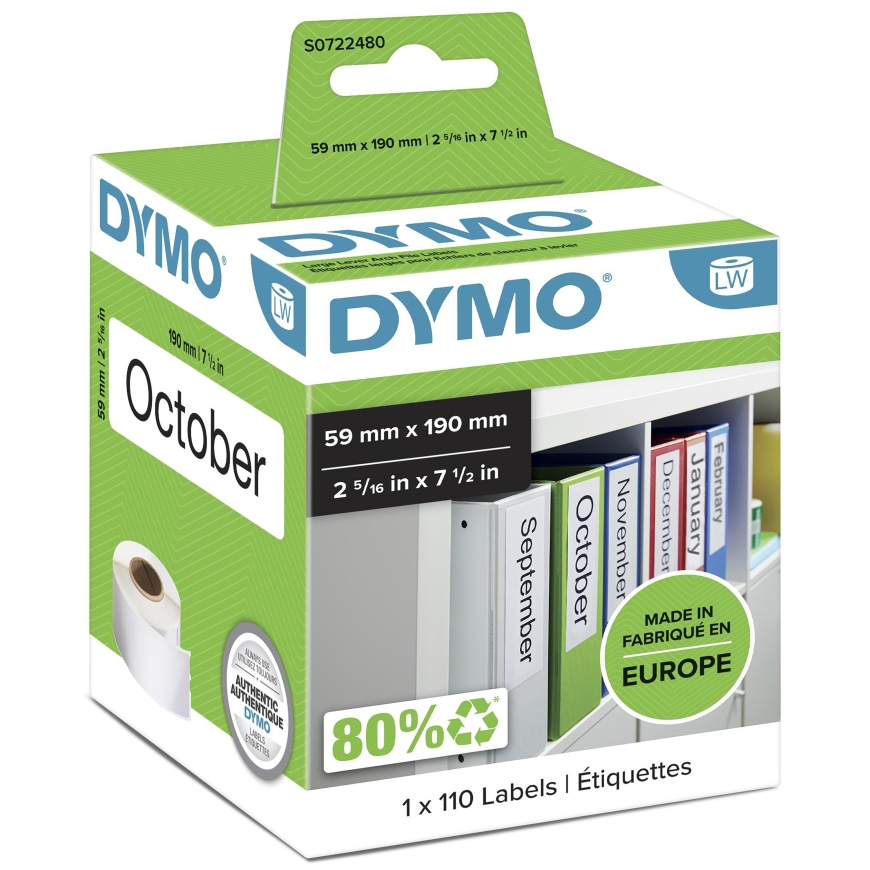 DYMO LW - Large Lever Arch File Labels - 59 x 190 mm - S0722480 Balta Lipni spausdintuvo etiketė – 2
