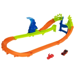 Hot Wheels Stunt Tracks Jump Circuit Speedway -pakkaus, jossa 1:64-mittakaavan metallinen leluauto ja 180 asteen mutka