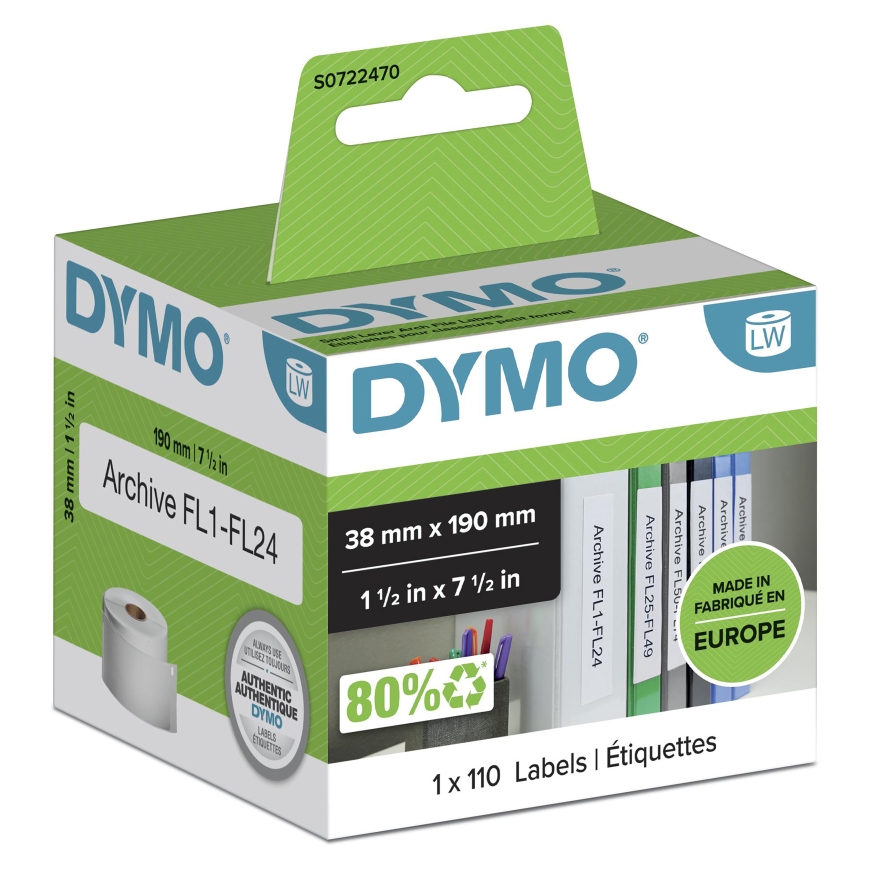 DYMO LW - Small Lever Arch File Labels - 38 x 190 mm - S0722470 Balta Lipni spausdintuvo etiketė