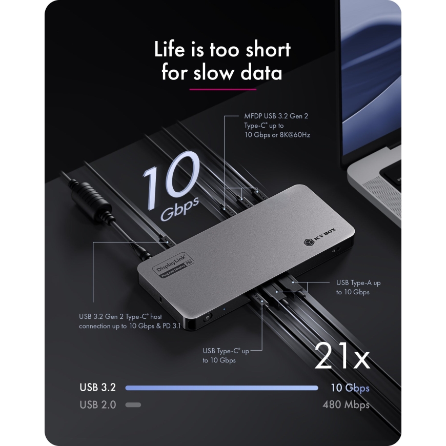 ICY BOX IB-DK7402-C31 Vadu USB 3.2 Gen 2 (3.1 Gen 2) Type-C Melns, Antracīts – 5