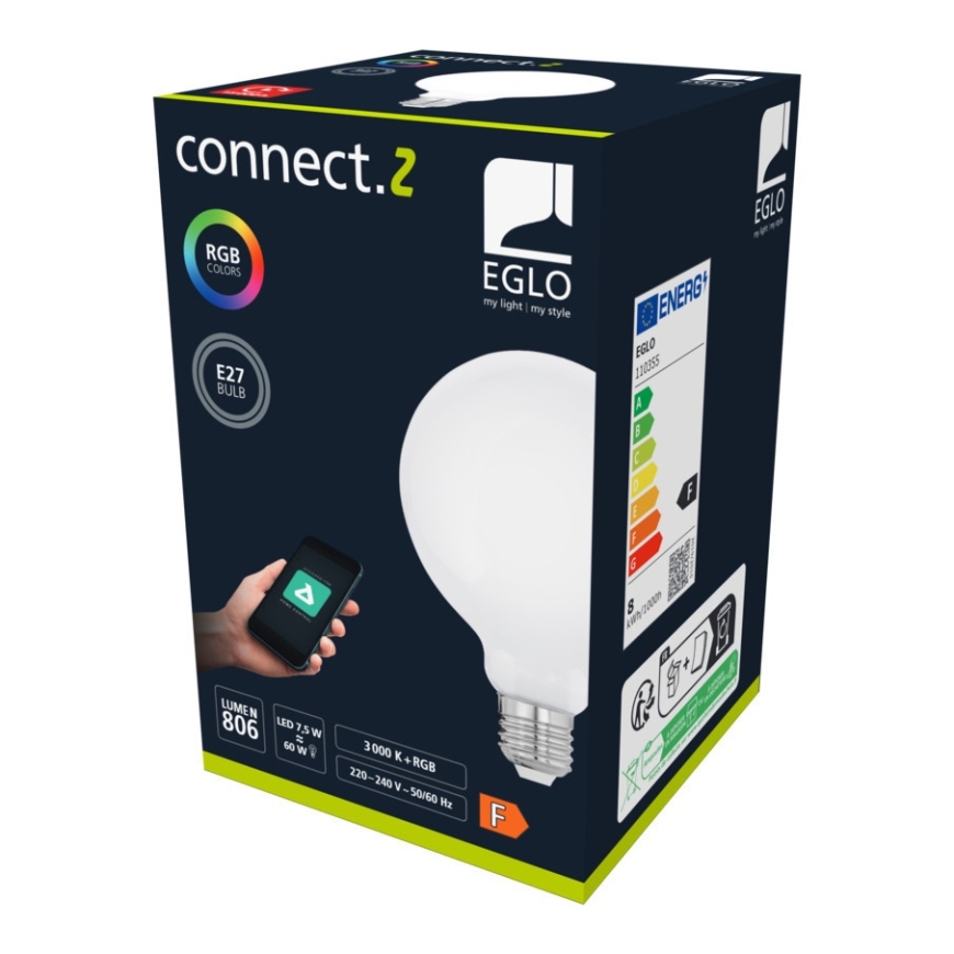 Eglo Connect.z išmanusis šviestuvas, E27, G95, RGBW, 7 W, 806 lm, 3000 K, opalinis, 1 vnt. – 3