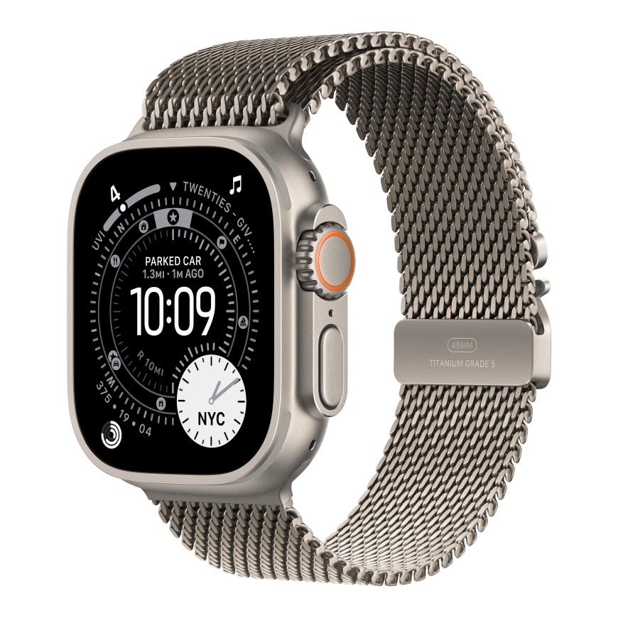 Apple Watch Ultra 3 (GPS + Cellular) 49 mm dabīgās krāsas titāna korpuss un dabīgās krāsas milāniešu siksniņa, vidēja izmēra