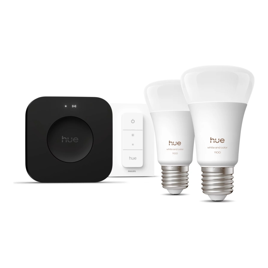 Philips Hue White and colour ambience Starter kit: 2 E27 smart bulbs + Dimmer switch + Bridge Pro – 2