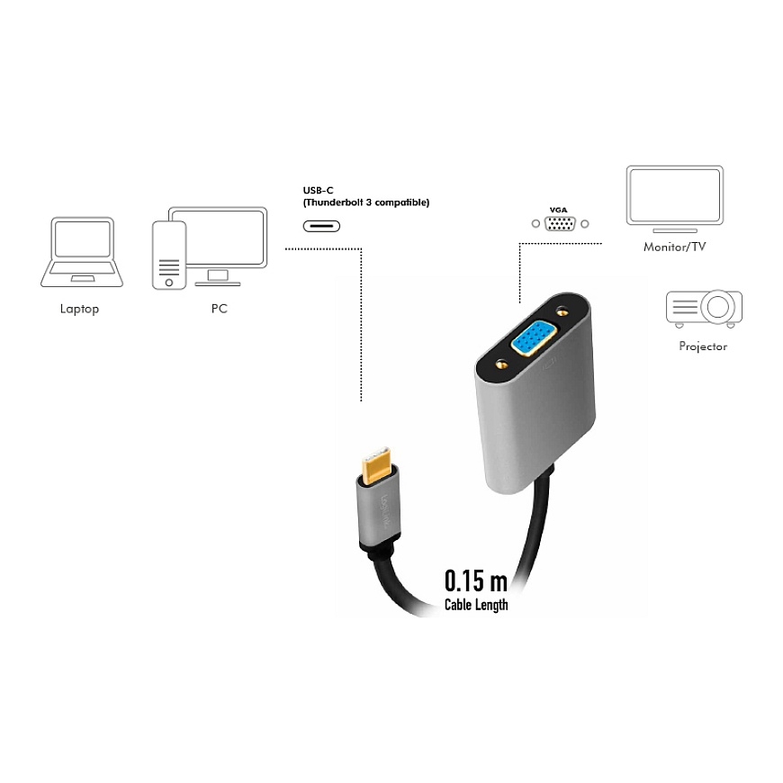 LogiLink CUA0104 видео кабель адаптер 0,15 m USB Type-C VGA (D-Sub) Черный, Серый – 3