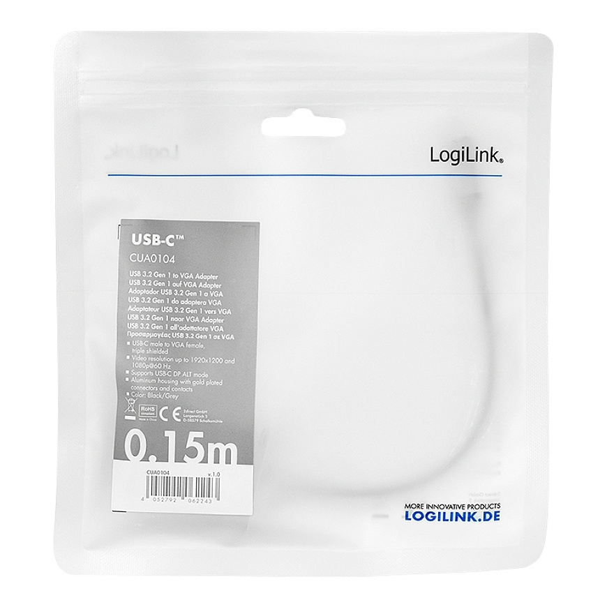 LogiLink CUA0104 vaizdo kabelio adapteris 0,15 m C tipo USB VGA (D-Sub) Juoda, Pilka – 4