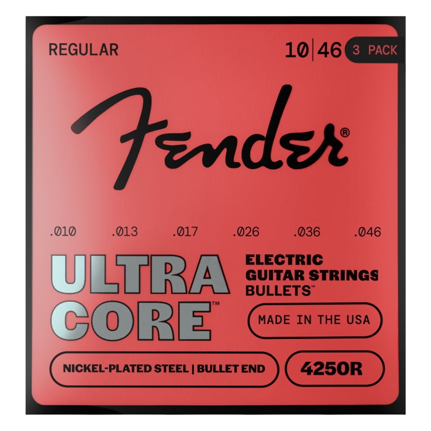 Fender Ultracore™ Bullets™ 4250R kitarasiksnas, niķelēta tērauda, Bullet galva .010-.046, 3 iepakojums