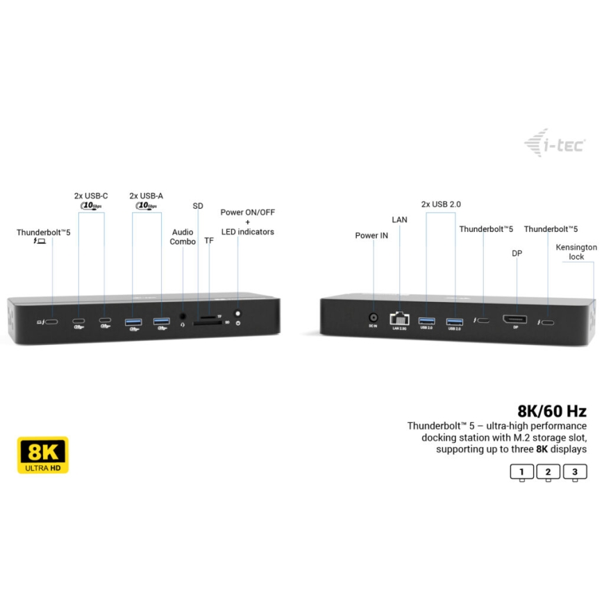 i-tec Thunderbolt 5 Triple Display Docking Station, M.2 slot, 6x USB, 2.5GLAN + Power Delivery 140W – 4
