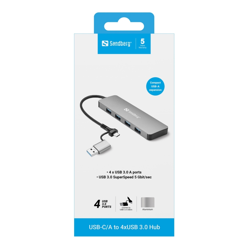 Sandberg USB-C/A to 4xUSB 3.0 Hub USB 3.2 Gen 1 (3.1 Gen 1) Type-A + Type-C 5000 Mbit/s Alumiinium – 3