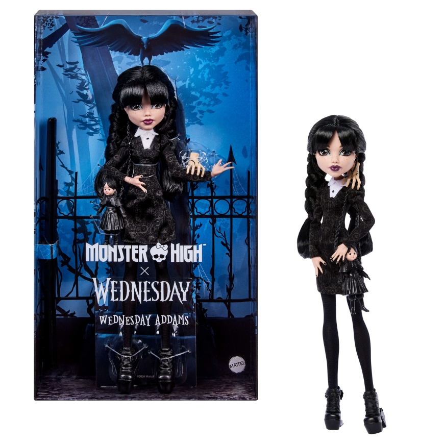 Monster High x Wednesday Collectible Doll, Wednesday Addams in Black Dress with Thing Accessory