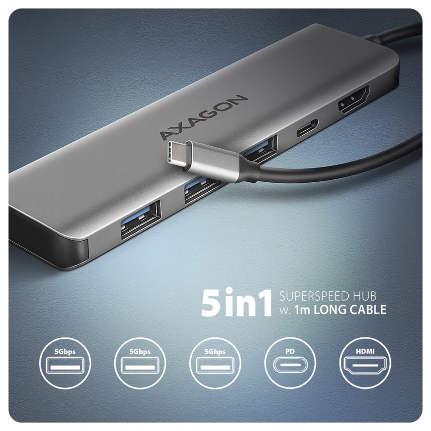 Axagon HMC-5H USB-C 3.2 Gen 1 hub 3x USB-A 4K HDMI PD 100W - Silber Vielinis USB 3.2 Gen 1 (3.1 Gen – 2