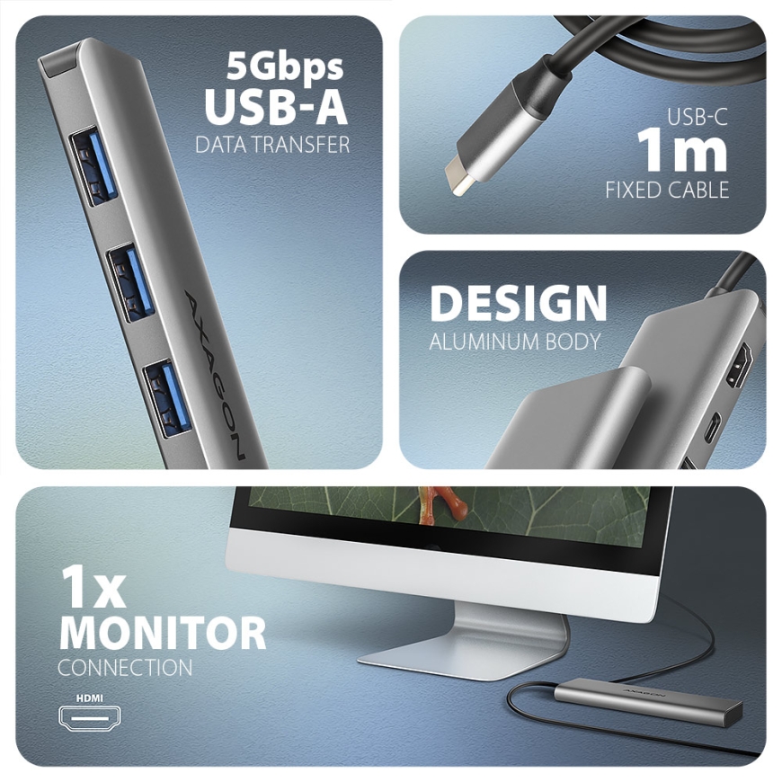 Axagon HMC-5H USB 5Gbps hub, 3x USB-A, HDMI 4k/30Hz, PD 100W, 100cm USB-C cable – 3