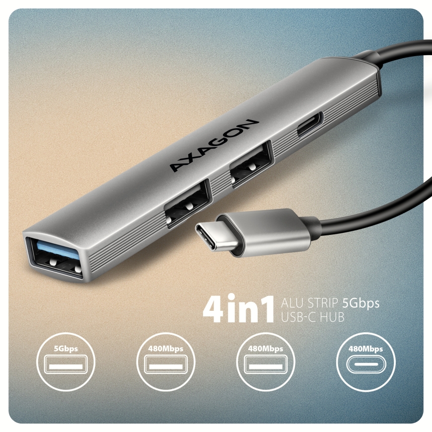 Axagon HUB USB HUE-STC, 4x USB ALU STRIP hub, 1x USB-A 5Gbps, 2x USB-A & 1x USB-C 480Mbps, kabel USB – 2