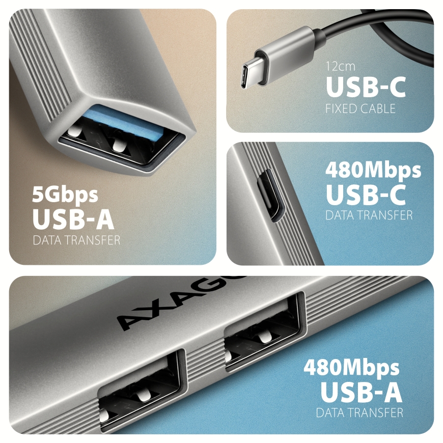 Axagon HUB USB HUE-STC, 4x USB ALU STRIP hub, 1x USB-A 5Gbps, 2x USB-A & 1x USB-C 480Mbps, kabel USB – 3