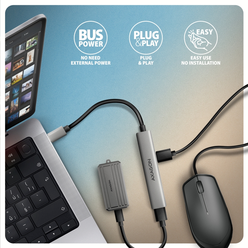 Axagon HUB USB HUE-STC, 4x USB ALU STRIP hub, 1x USB-A 5Gbps, 2x USB-A & 1x USB-C 480Mbps, kabel USB – 4